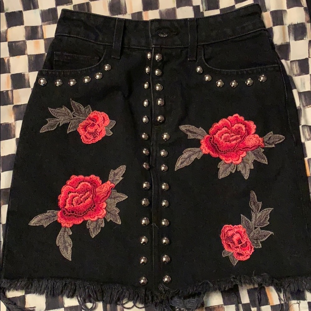 LF Carmar black denim skirt with studs and Roses